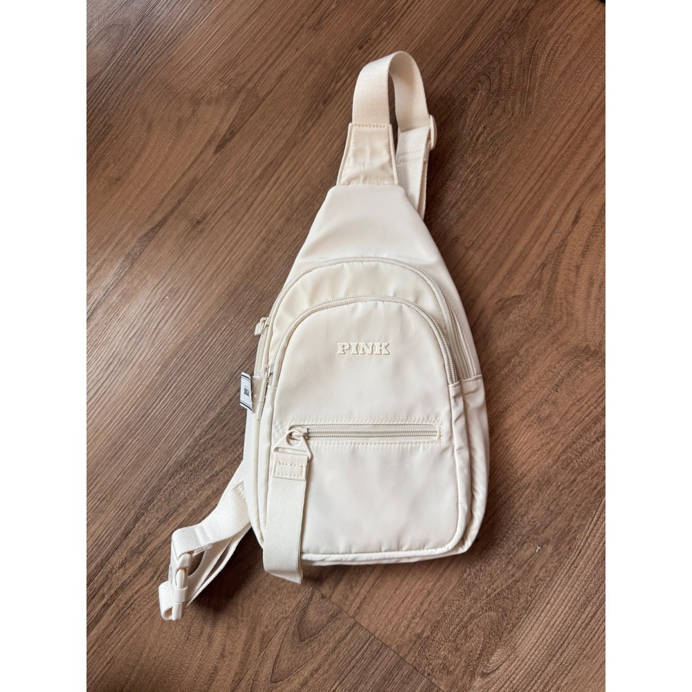 Victorias Secret PINK Cream Nylon Sling Bag Crossbody Backpack New